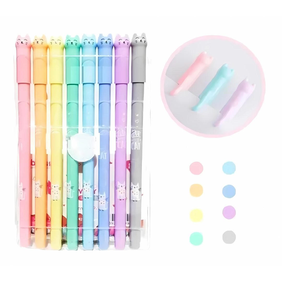 Set de 8 Plumas Gel Pastel Gato Kawaii