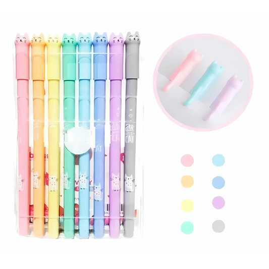 Set de 8 Plumas Gel Pastel Gato Kawaii