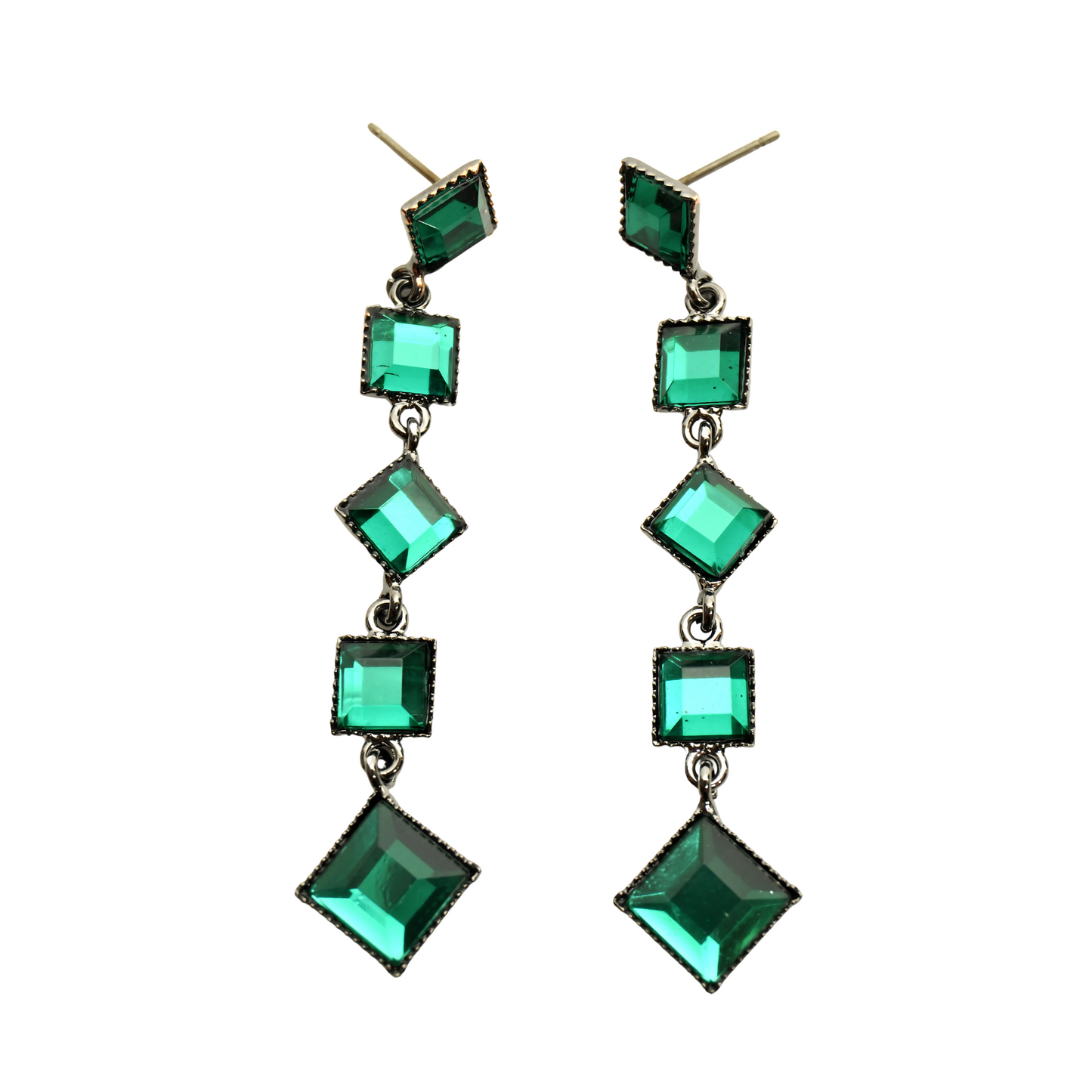 Aretes Largos Geométricos con Cristales Verde Esmeralda – Colección Bali