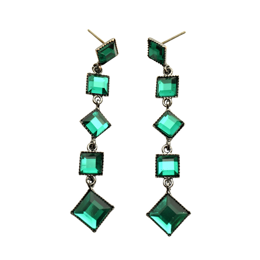 Aretes Largos Geométricos con Cristales Verde Esmeralda – Colección Bali