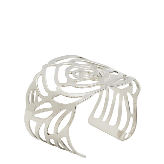 Brazalete Calado Siam silueta de una rosa plateado.