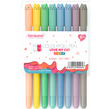 Set de 8 Plumas Gel Pastel Gato Kawaii