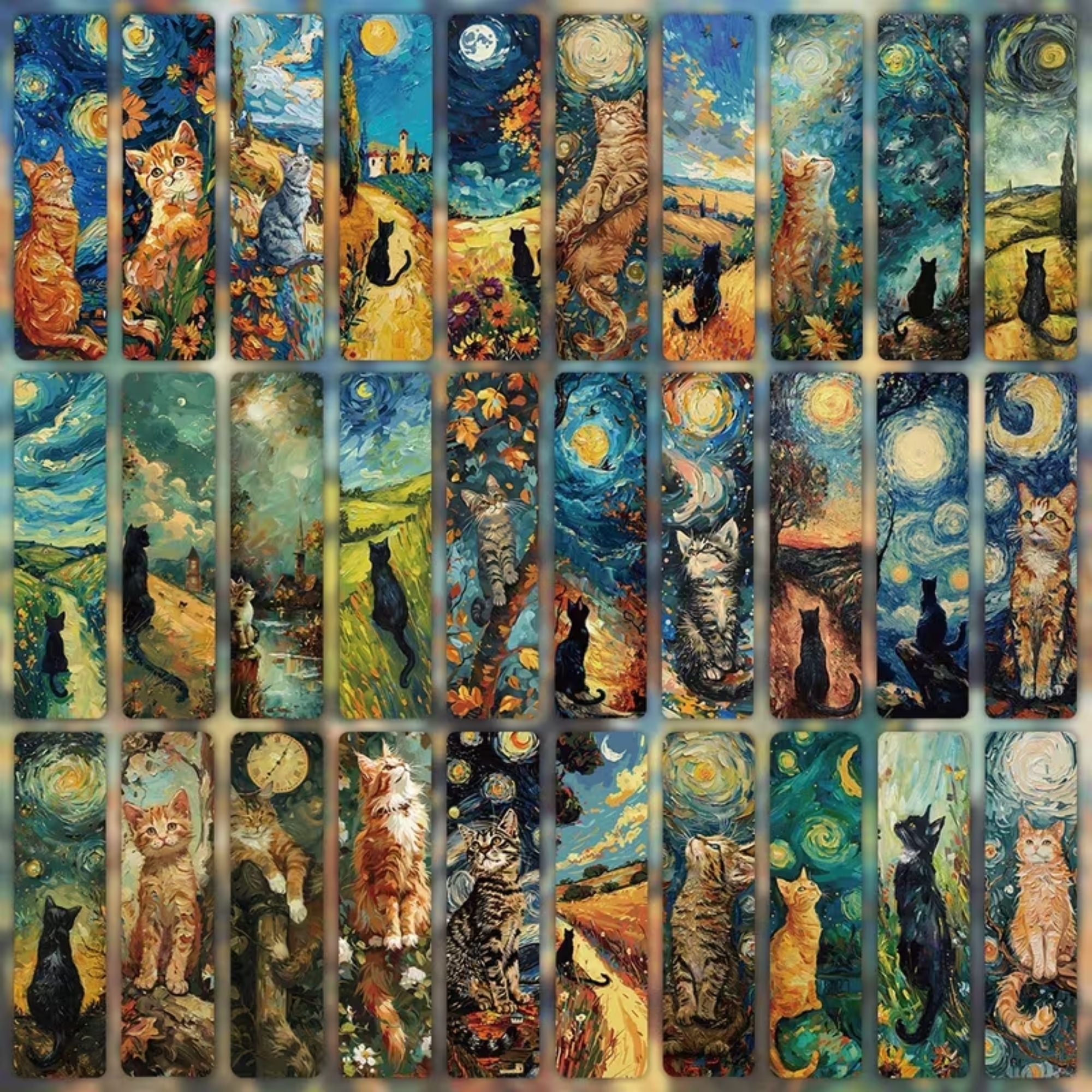 SET 30 SEPARADORES GATITOS AL ÓLEO — THE BLUE CAT